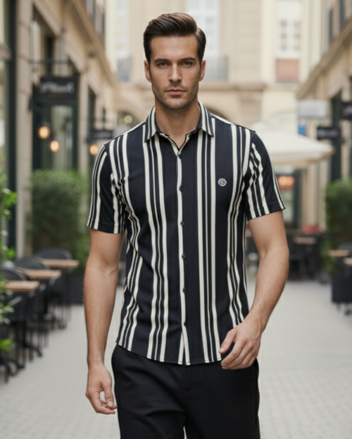 Bonnaty Men Black & White Striped Casual Shirt