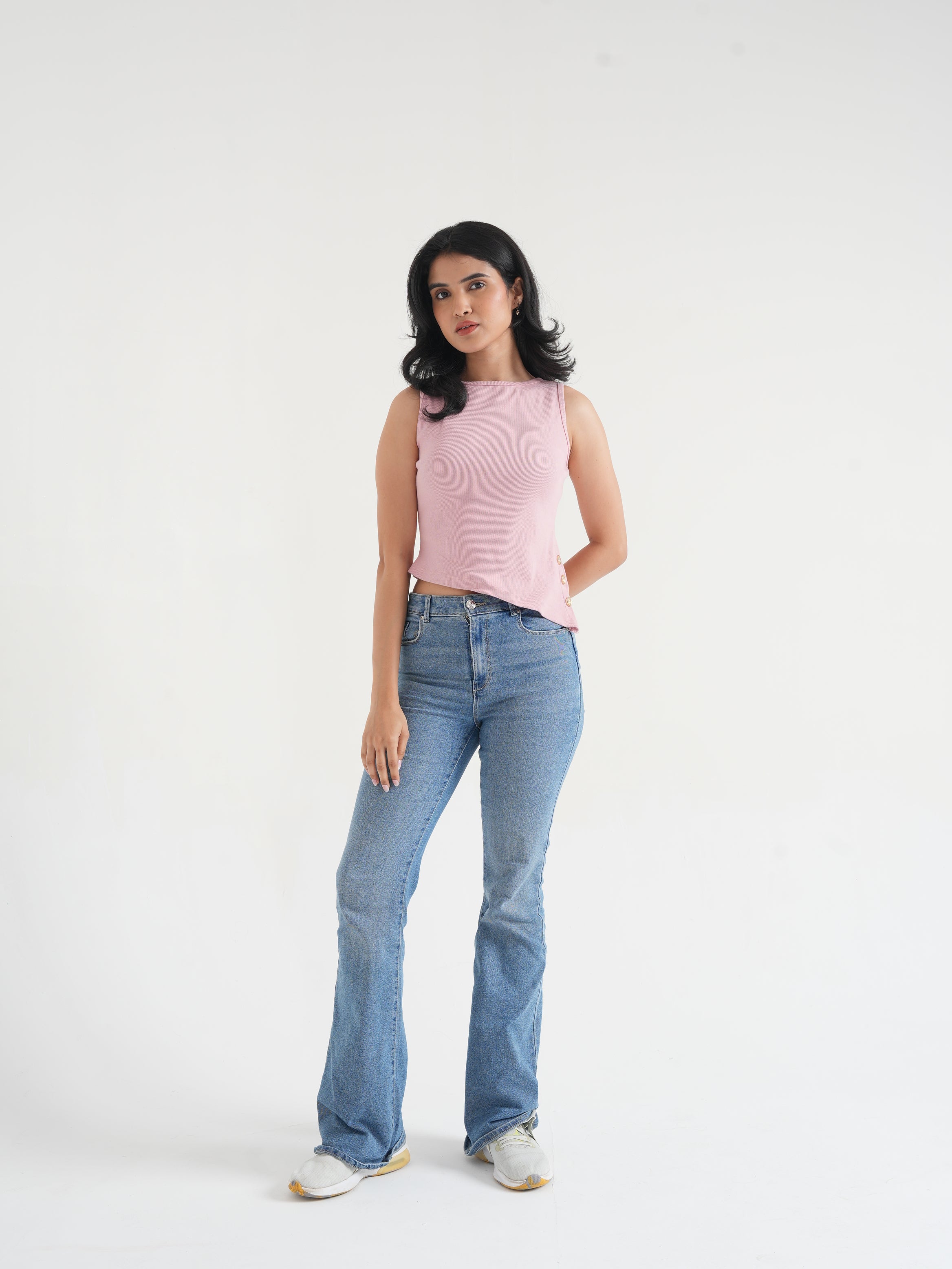 Dusty Pink Ribbed Asymmetric Top with Gold Buttons-2
