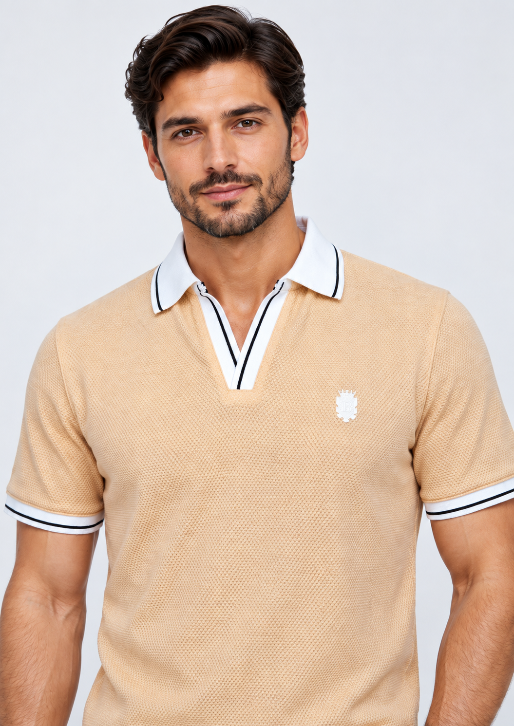 Peach Textured V-Neck Resort Polo T-Shirt-2
