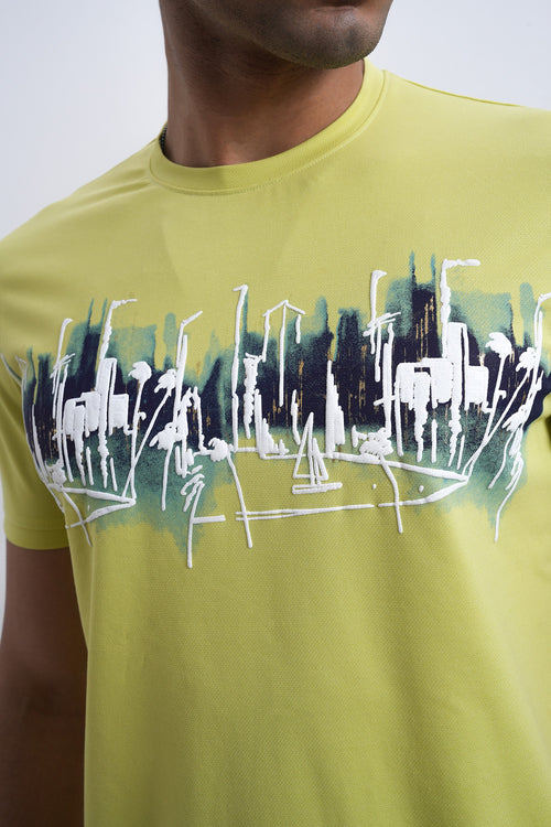 Men Lime Green Cityscape Abstract Graphic T-shirt