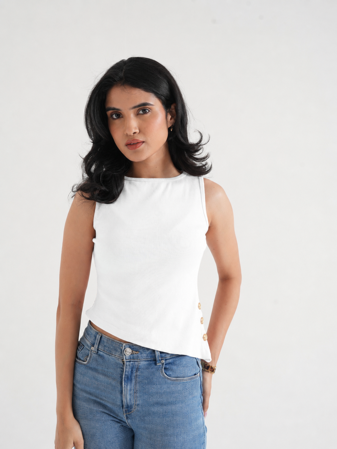 Off-White Ribbed Asymmetric Top with Gold Buttons-2