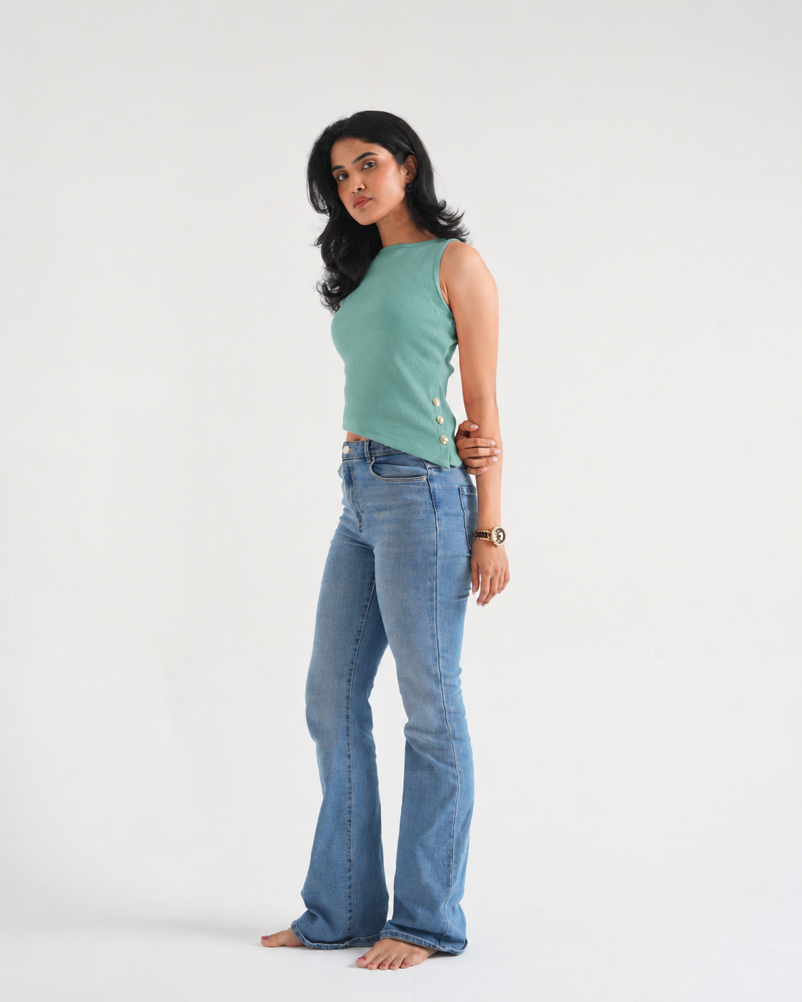 Pista Ribbed Asymmetric Top with Gold Buttons-2