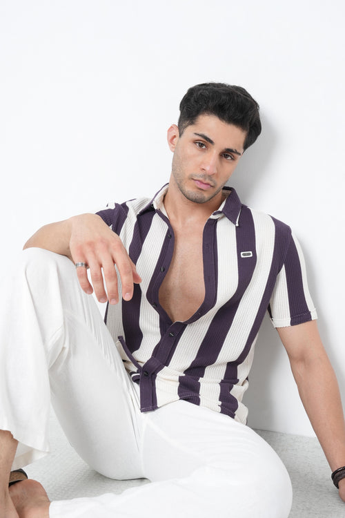 Mens Casual Short Sleeve Vertical Striped Shirt