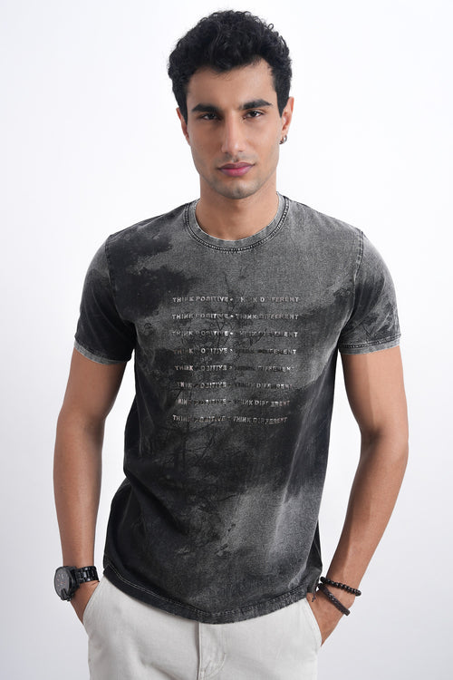 Men’s Vintage Acid Wash Typography Tee – Faded Black