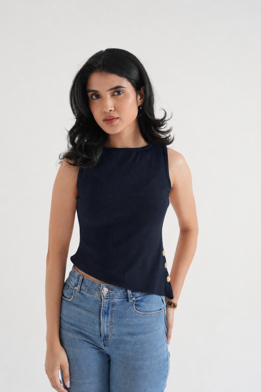 Black Ribbed Asymmetric Top with Gold Buttons-1