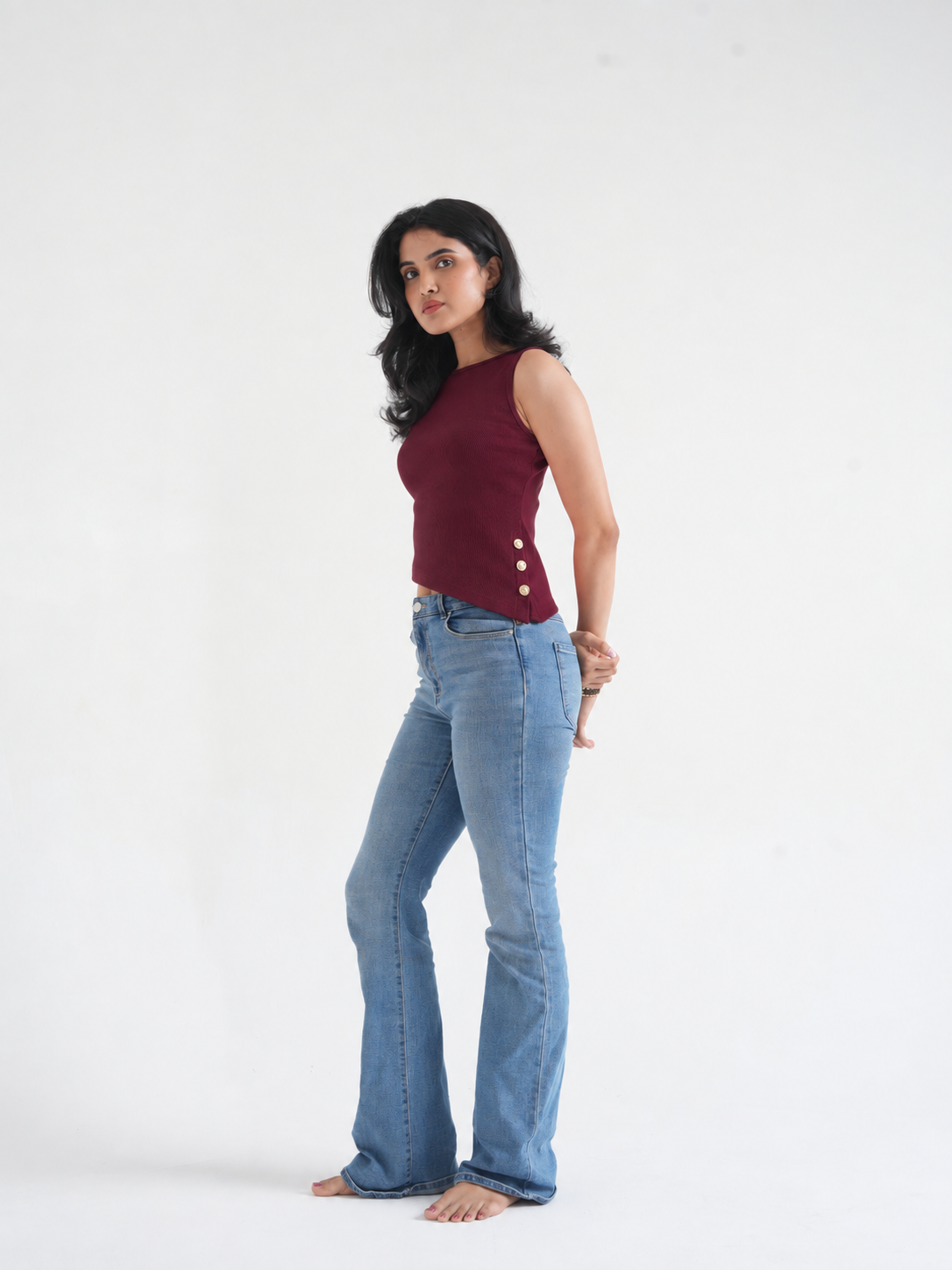 Chilly Ribbed Asymmetric Top with Gold Buttons