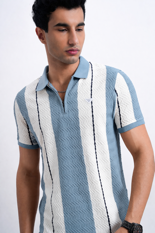 Men Textured Knit Vertical Stripe Zip Polo – Sky & Cream
