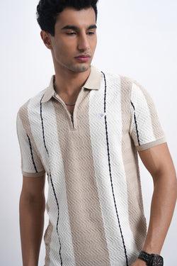Men Textured Knit Vertical Stripe Zip Polo – Beige & Cream