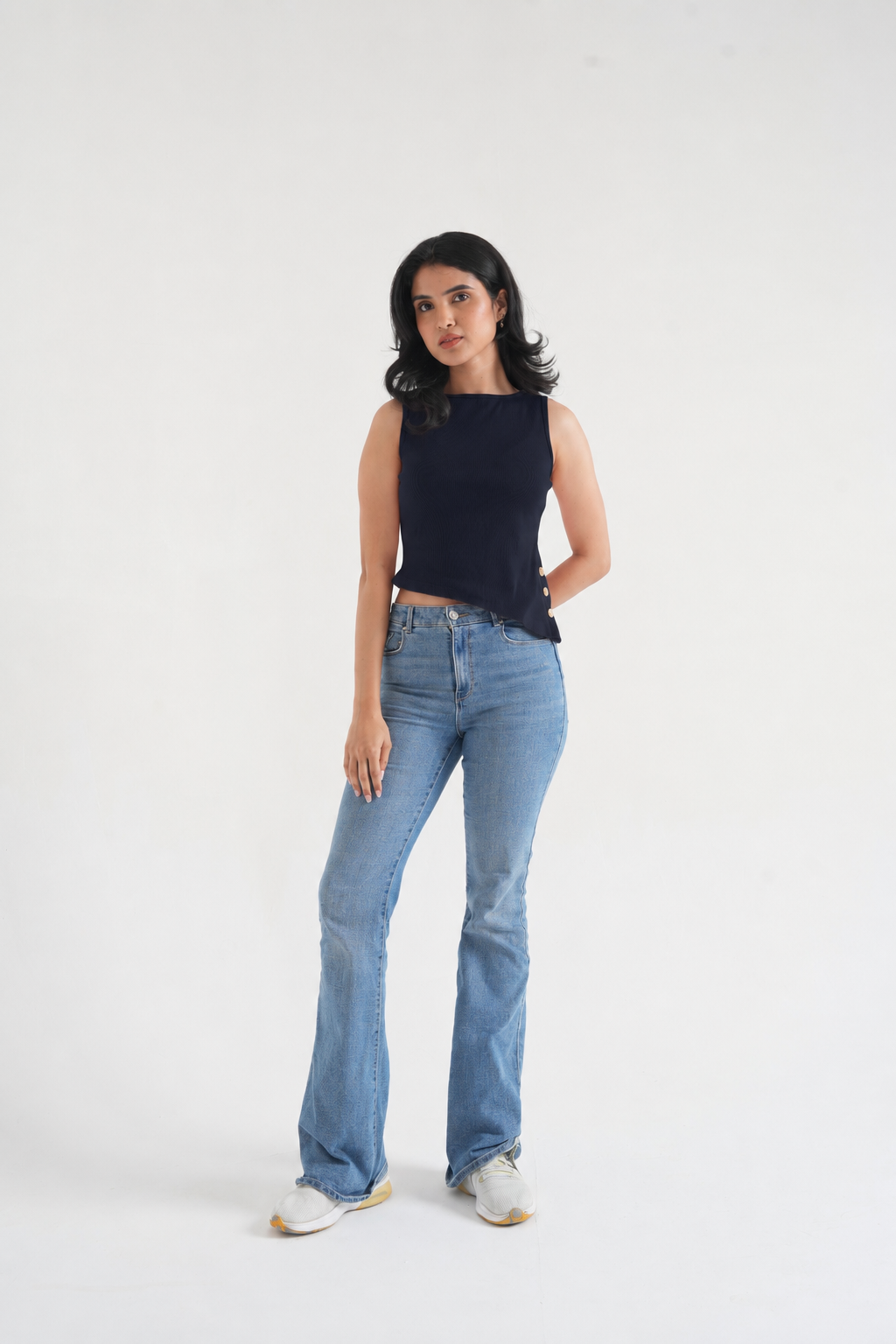 Black Ribbed Asymmetric Top with Gold Buttons-2