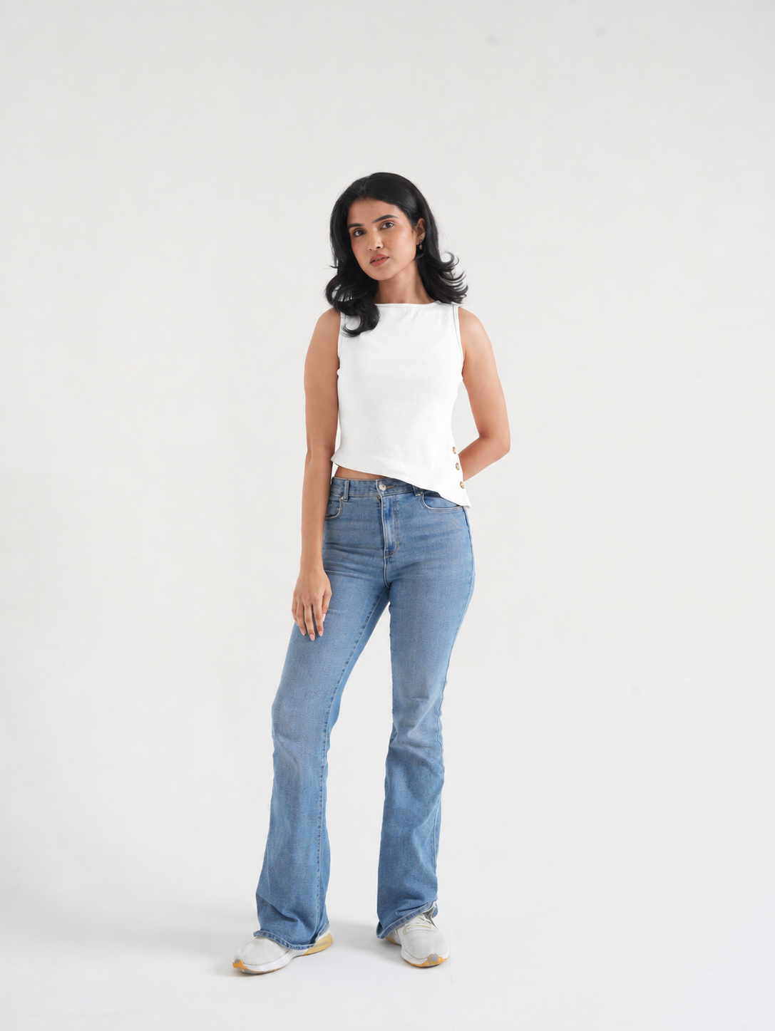 Off-White Ribbed Asymmetric Top with Gold Buttons-3