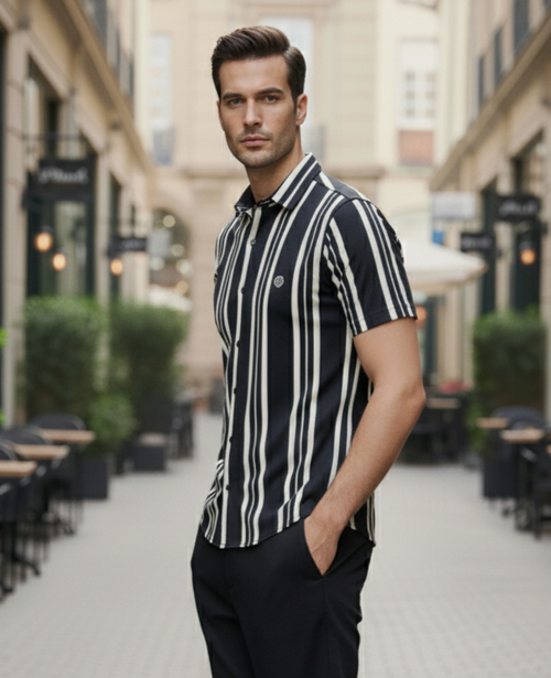 Bonnaty Men Black & White Striped Casual Shirt