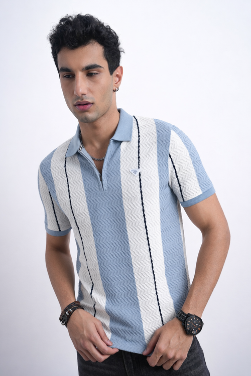 Men Textured Knit Vertical Stripe Zip Polo – Sky & Cream