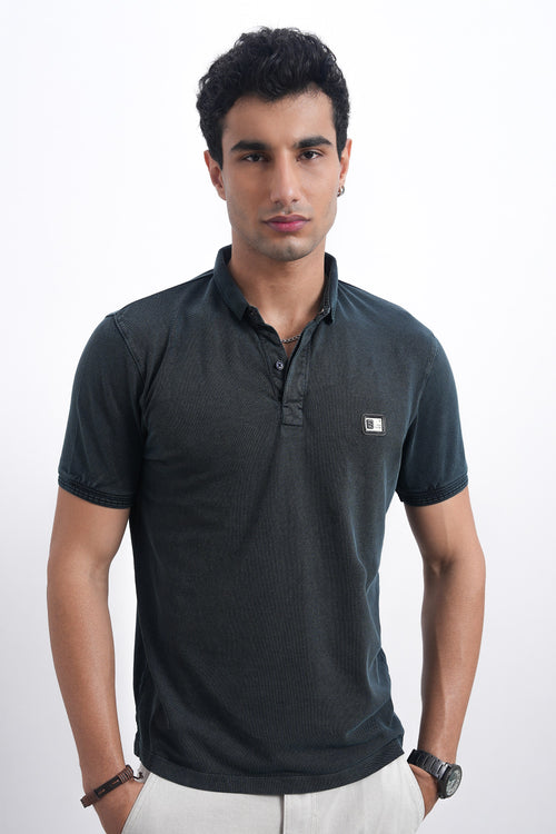 Men Textured Blue Denim Slim-Fit Polo
