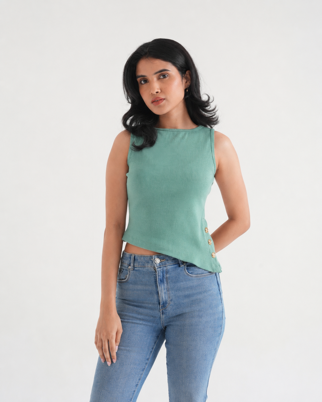 Pista Ribbed Asymmetric Top with Gold Buttons-3