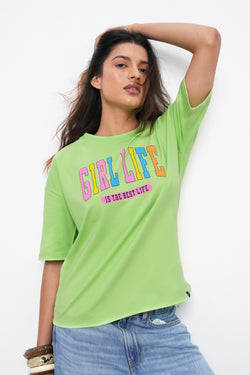 BONNATY LIME PRINTED RELAXED FIT COTTON T-SHIRT