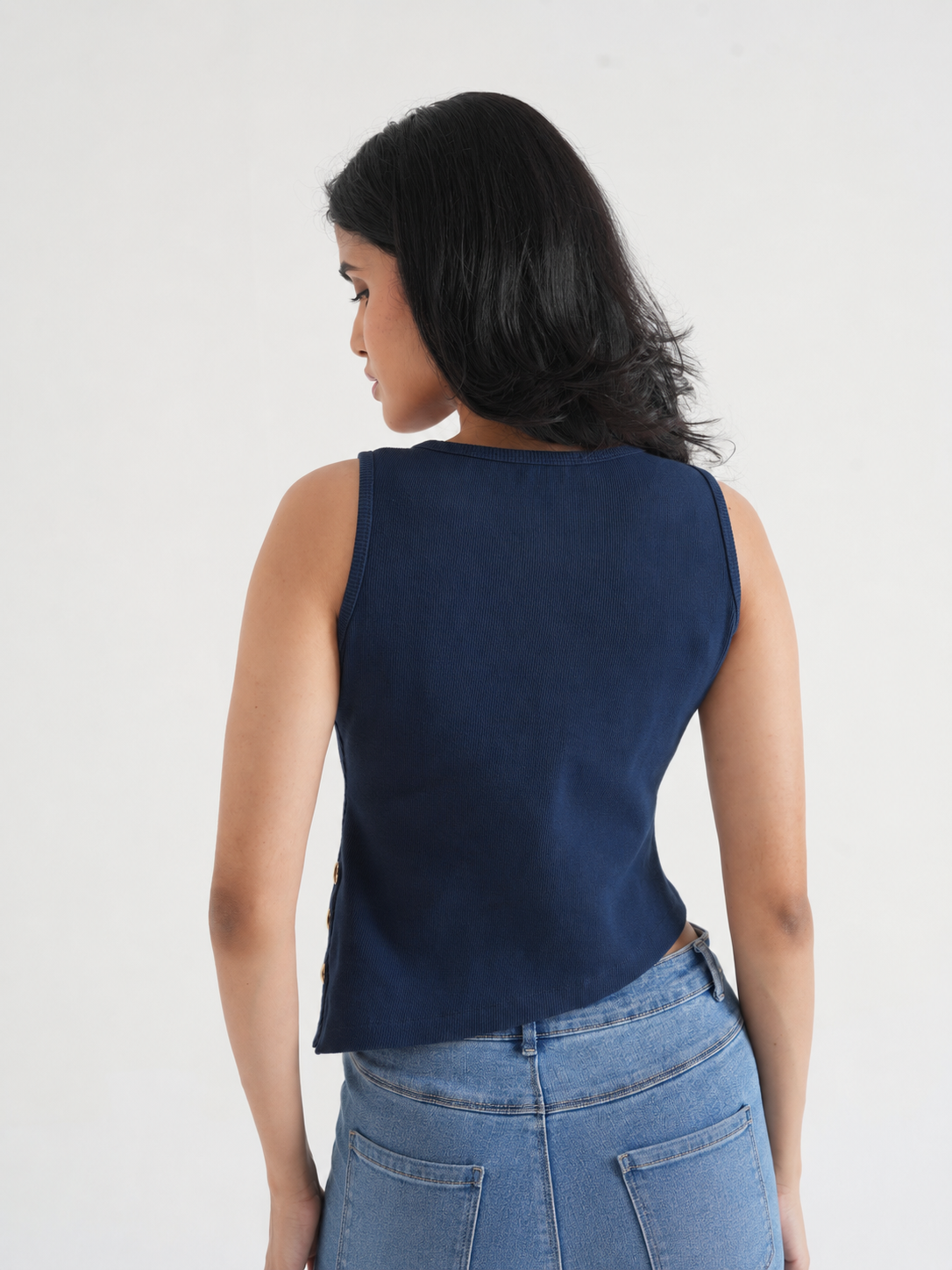 Navy Ribbed Asymmetric Top with Gold Buttons-3