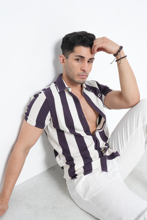 Mens Casual Short Sleeve Vertical Striped Shirt