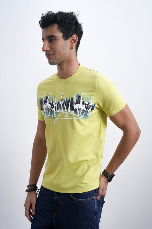 Men Lime Green Cityscape Abstract Graphic T-shirt