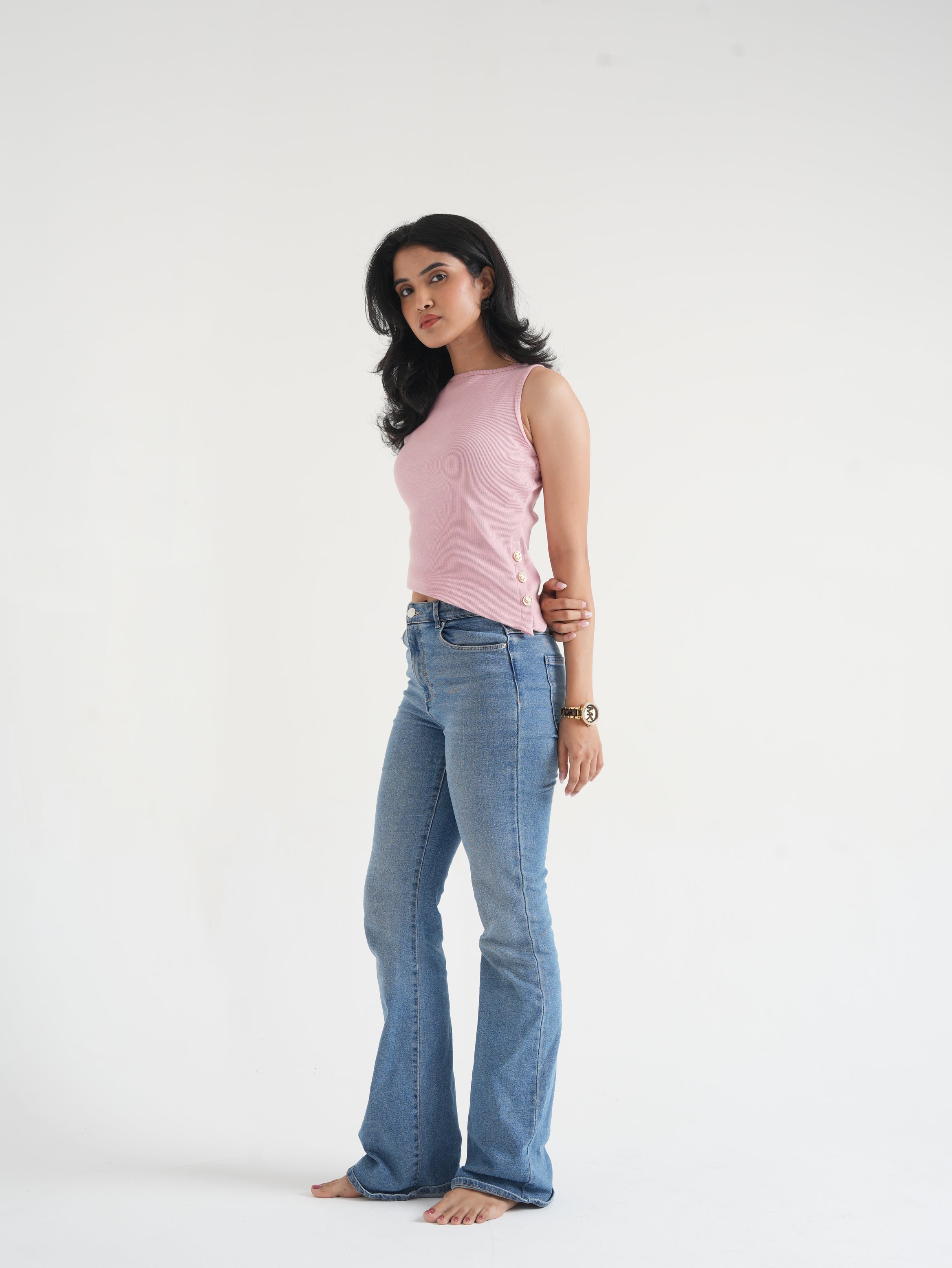 Dusty Pink Ribbed Asymmetric Top with Gold Buttons-3