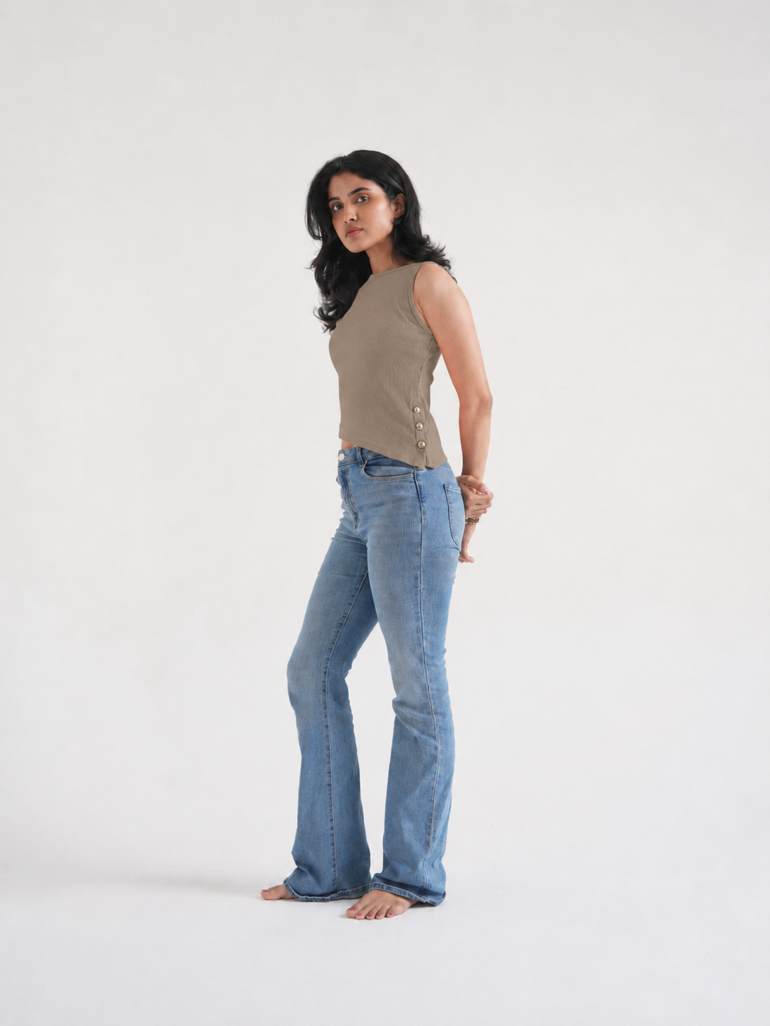 Beige Ribbed Asymmetric Top with Gold Buttons-3