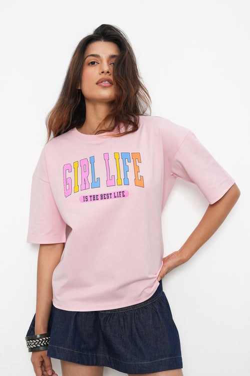 BONNATY PINK PRINTED RELAXED FIT COTTON T-SHIRT