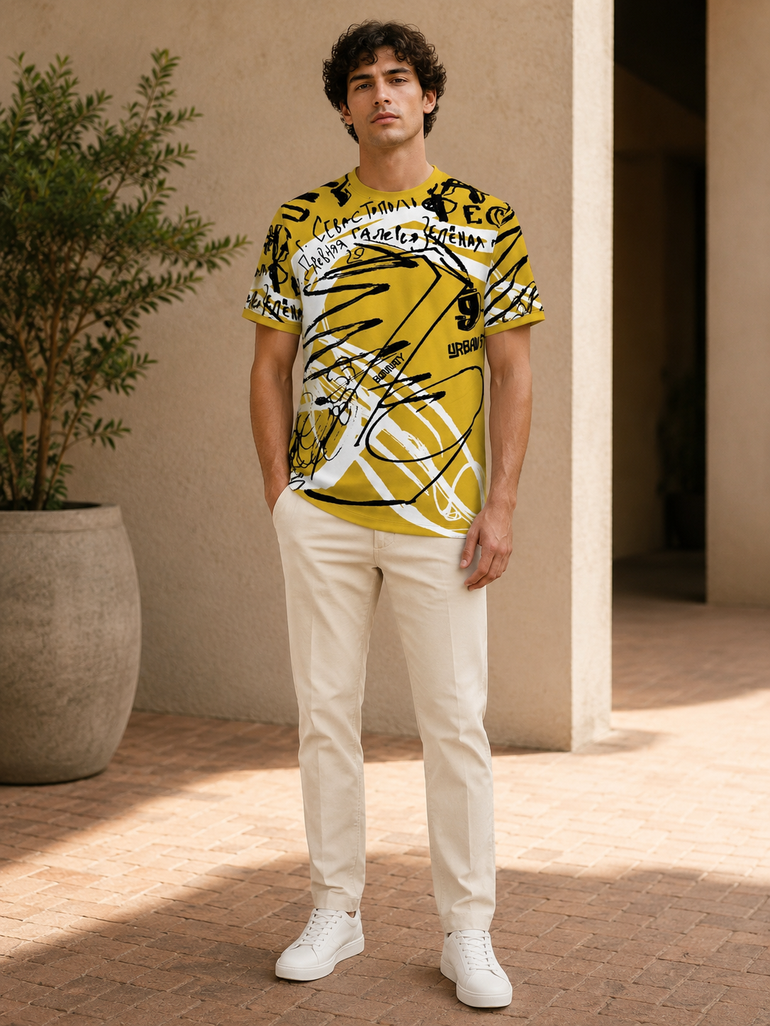 Men’s Mustard Abstract Graphic T-Shirt-3
