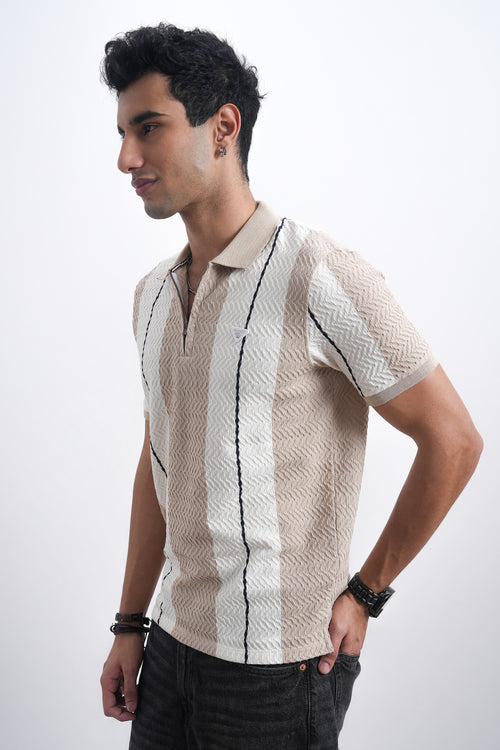 Men Textured Knit Vertical Stripe Zip Polo – Beige & Cream