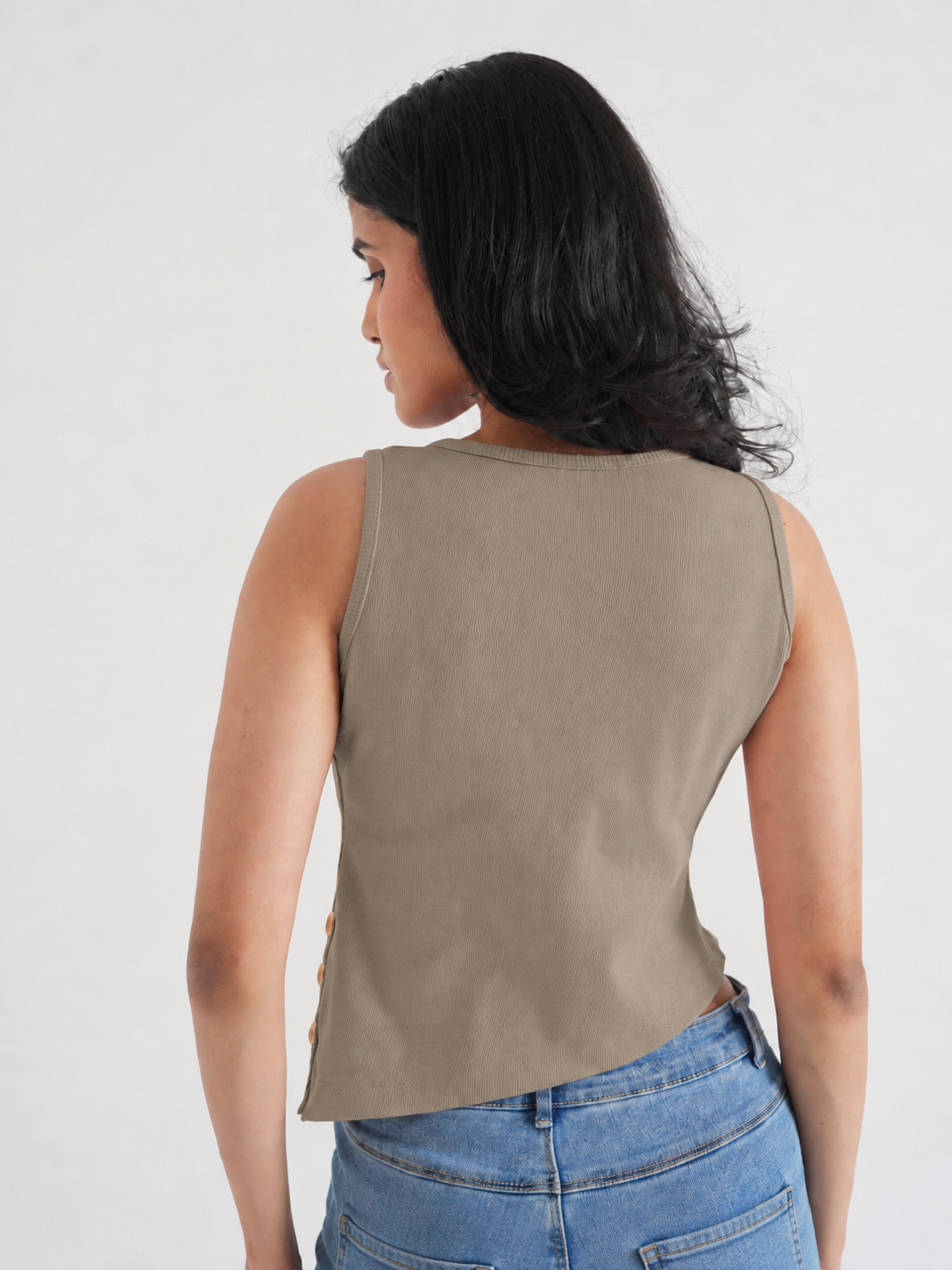 Beige Ribbed Asymmetric Top with Gold Buttons-4