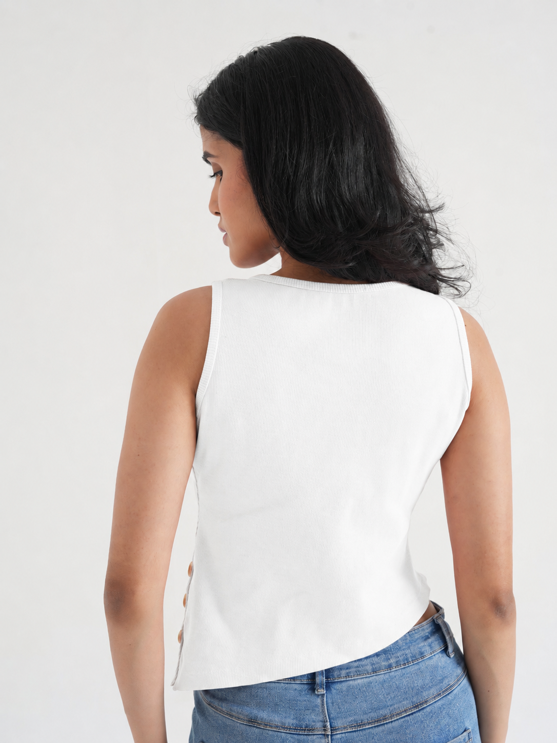 Off-White Ribbed Asymmetric Top with Gold Buttons-4