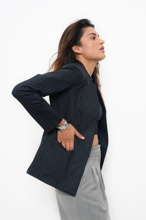 NAVY STRIPE FRONT OPEN BLAZER