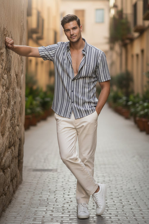 Cement & White Regular Fit Vertical Striped Shirt