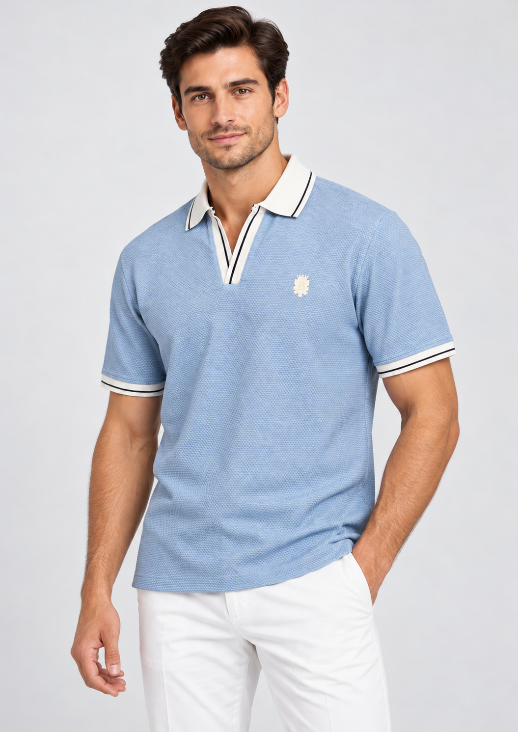 Sky Textured V-Neck Resort Polo T-Shirt-4