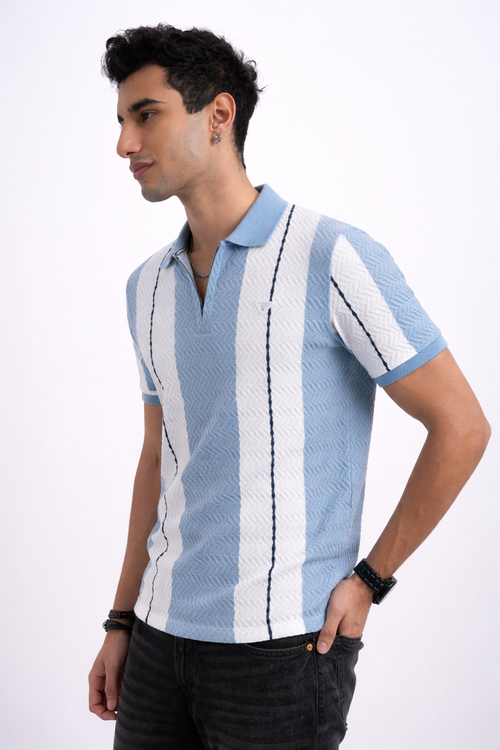 Men Textured Knit Vertical Stripe Zip Polo – Sky & Cream