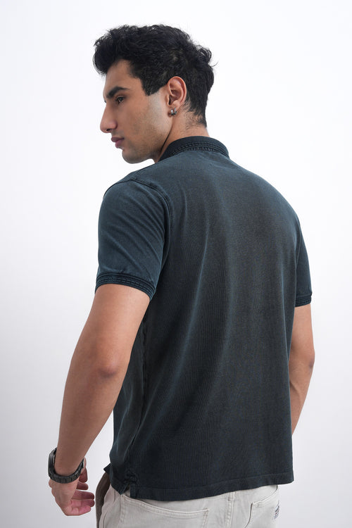 Men Textured Blue Denim Slim-Fit Polo