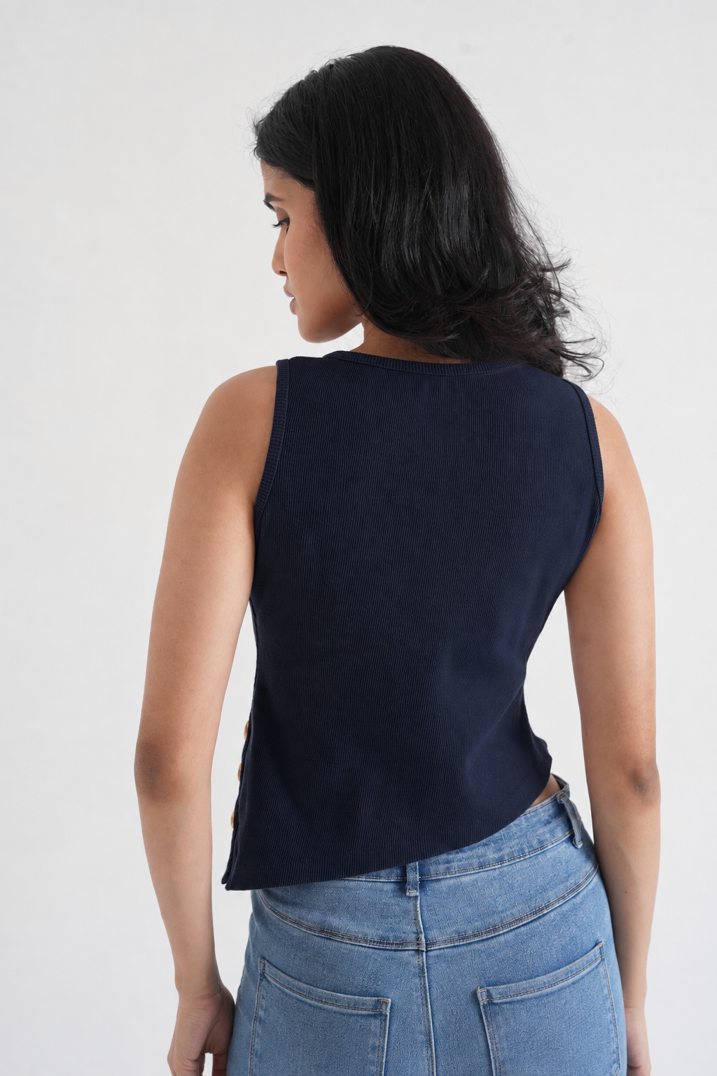 Black Ribbed Asymmetric Top with Gold Buttons-3