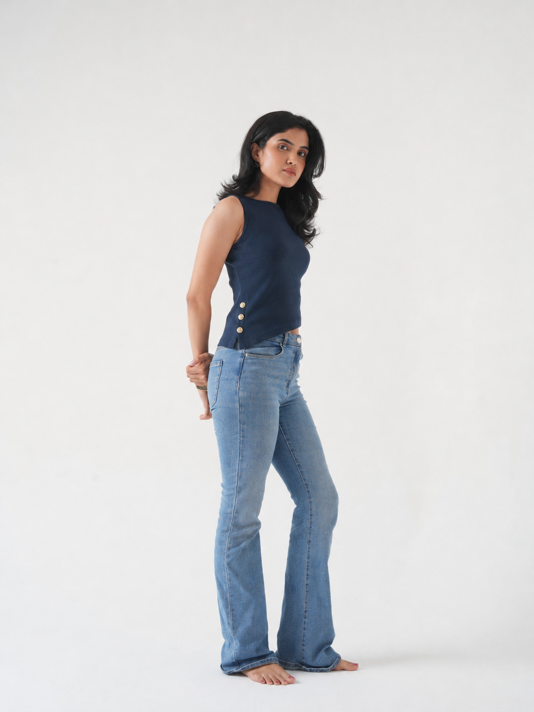 Navy Ribbed Asymmetric Top with Gold Buttons-4