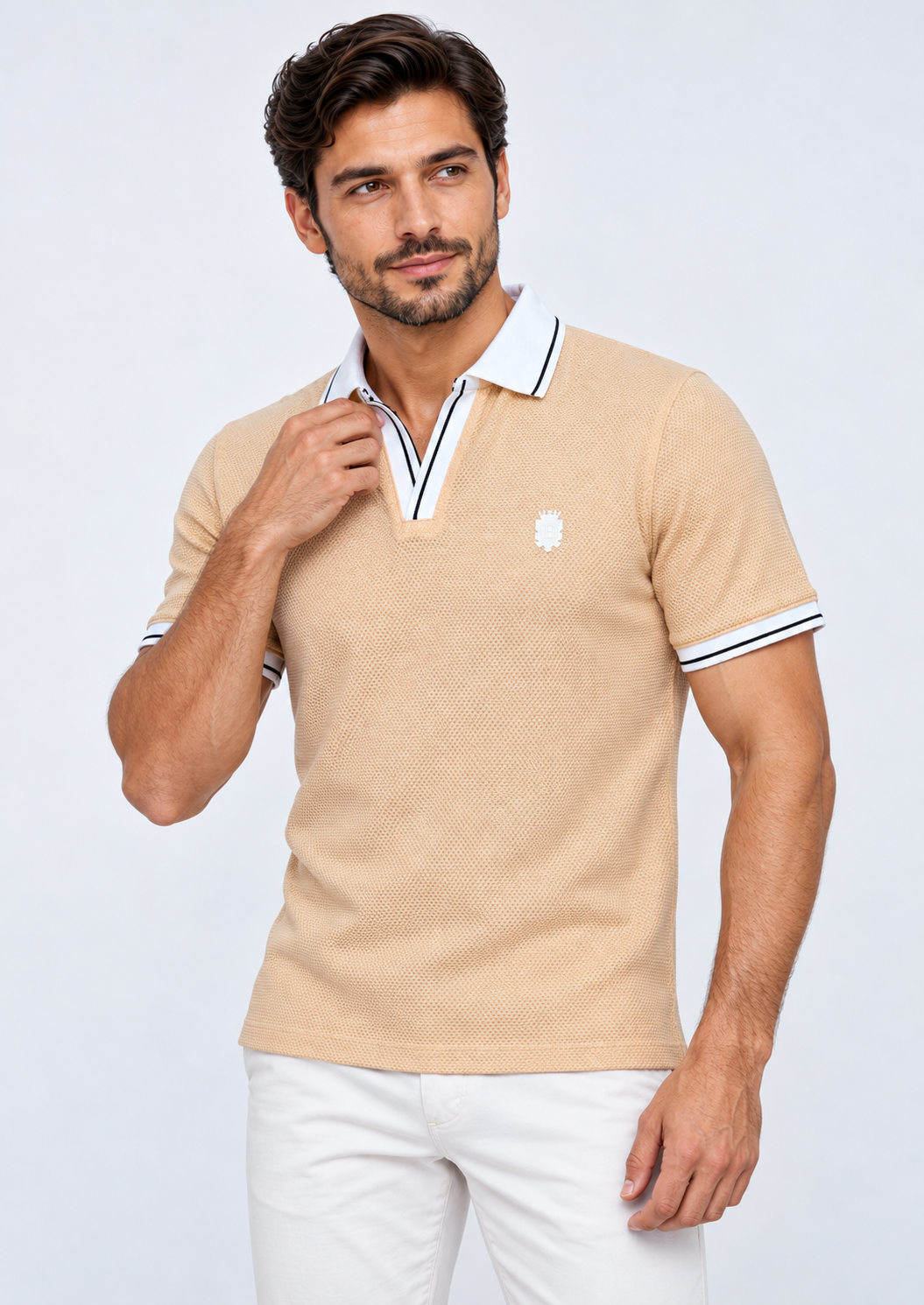 Peach Textured V-Neck Resort Polo T-Shirt-3