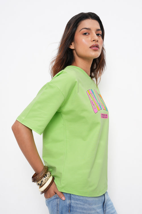 BONNATY LIME PRINTED RELAXED FIT COTTON T-SHIRT