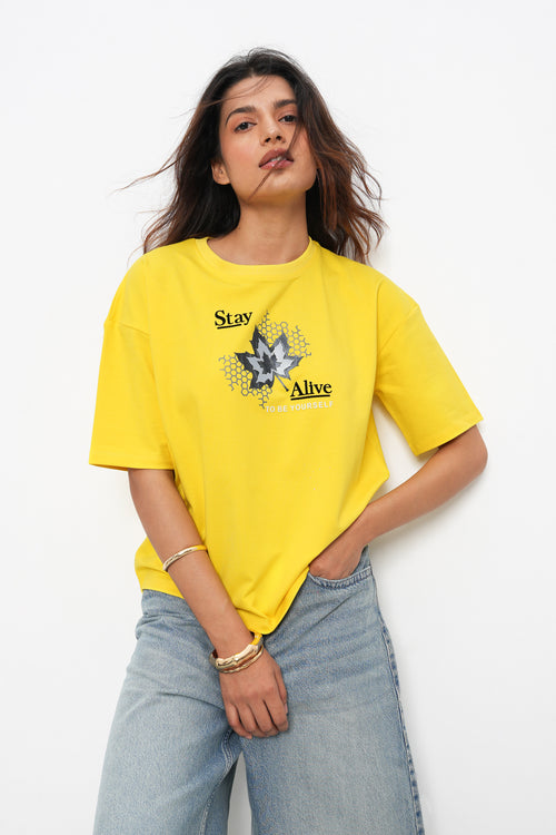 BONNATY FLORAL PRINT COTTON LEMON T-SHIRT