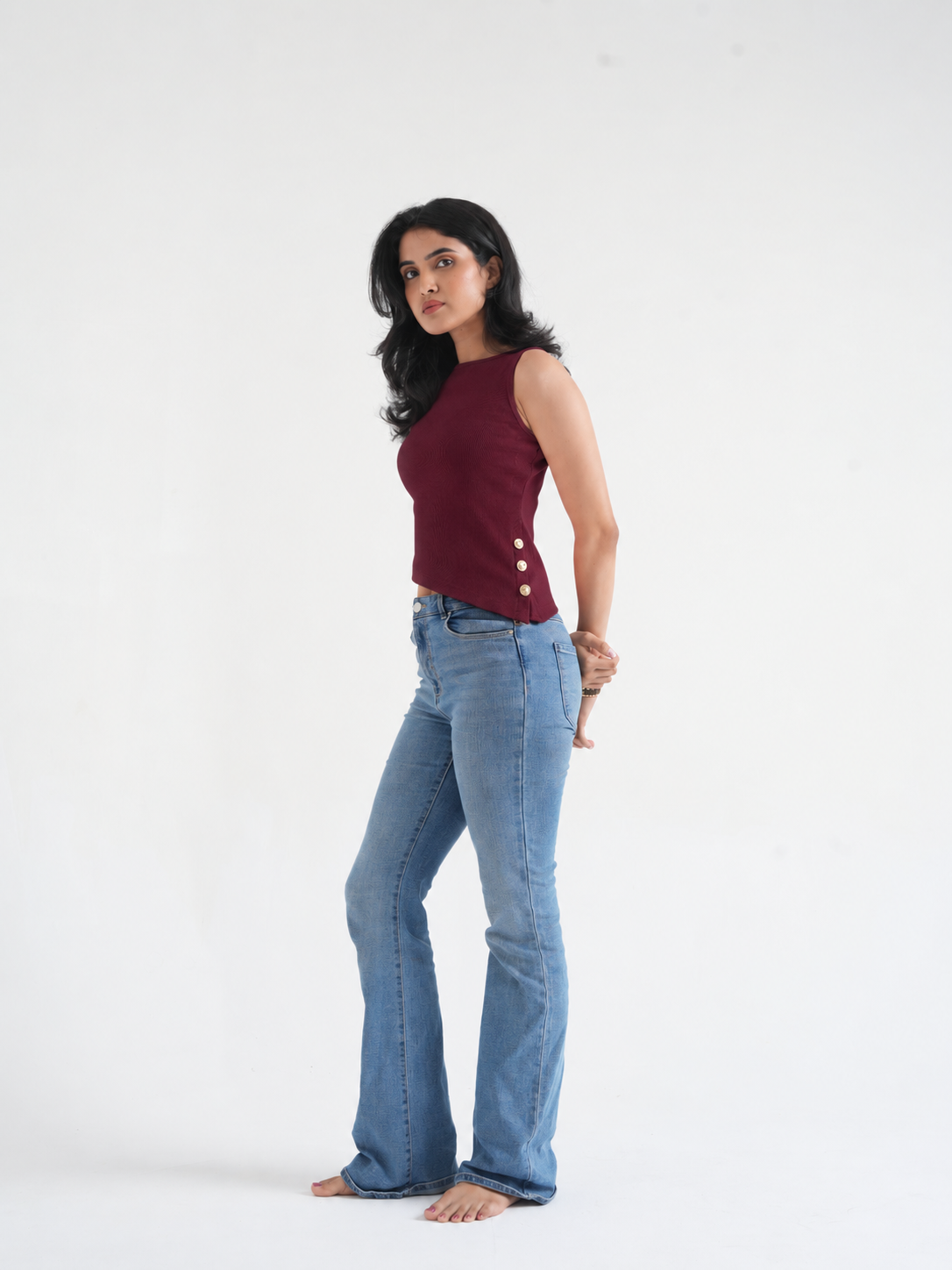 Chilly Ribbed Asymmetric Top with Gold Buttons-4