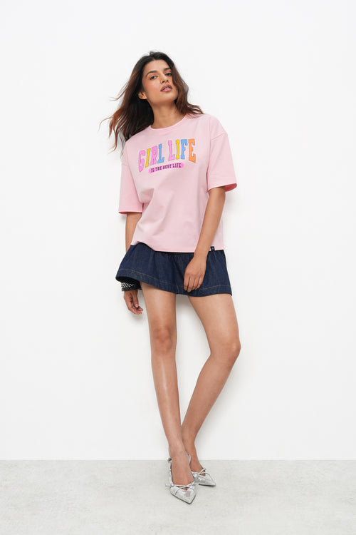 BONNATY PINK PRINTED RELAXED FIT COTTON T-SHIRT