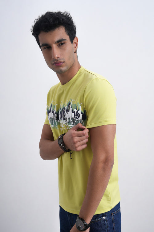 Men Lime Green Cityscape Abstract Graphic T-shirt