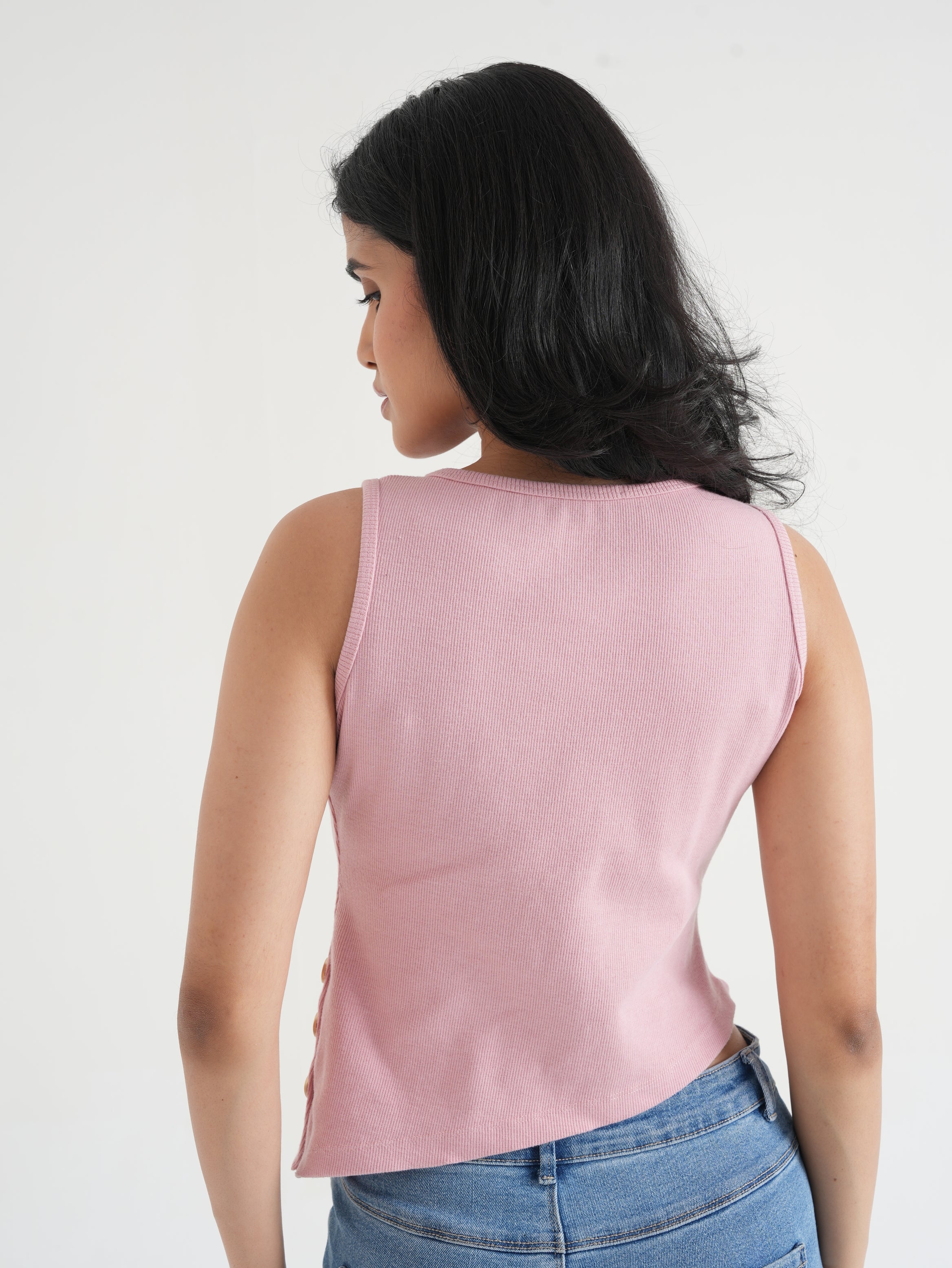 Dusty Pink Ribbed Asymmetric Top with Gold Buttons-4
