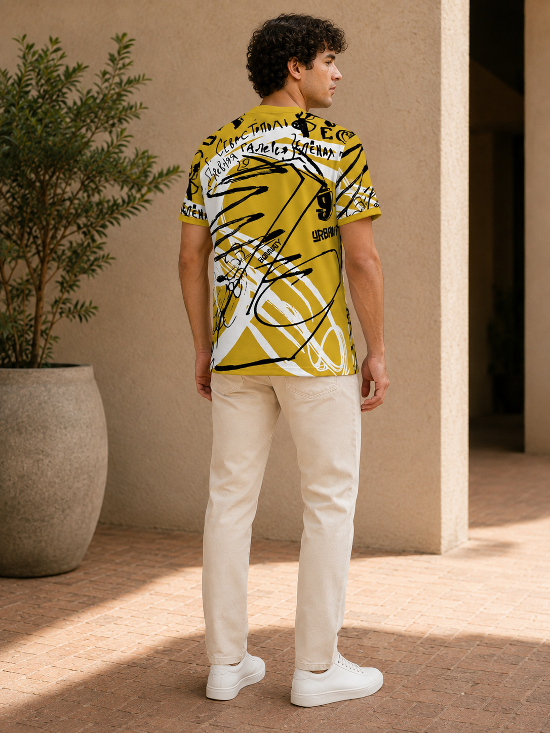 Men’s Mustard Abstract Graphic T-Shirt-4