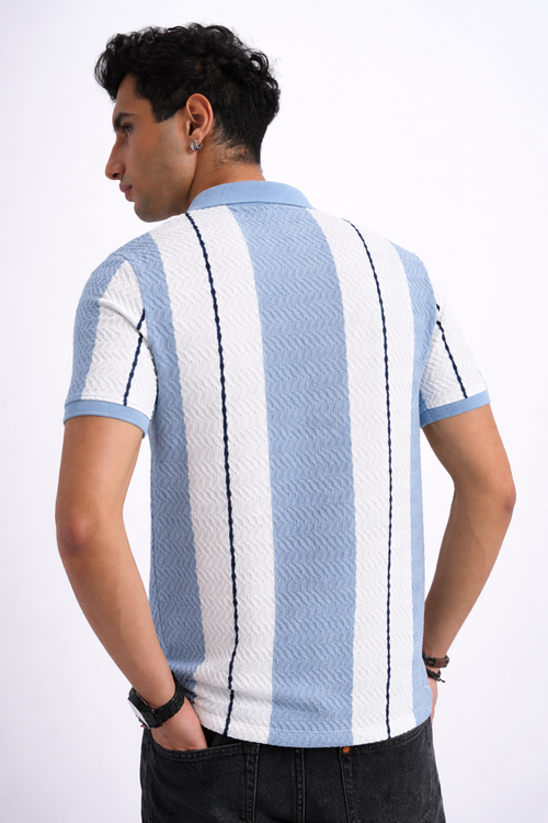 Men Textured Knit Vertical Stripe Zip Polo – Sky & Cream
