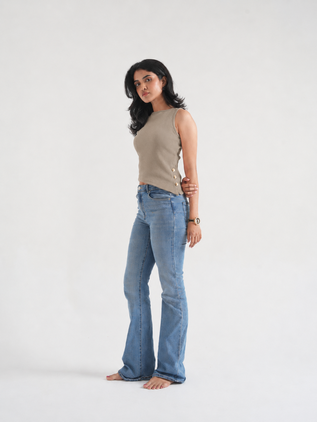 Beige Ribbed Asymmetric Top with Gold Buttons-5