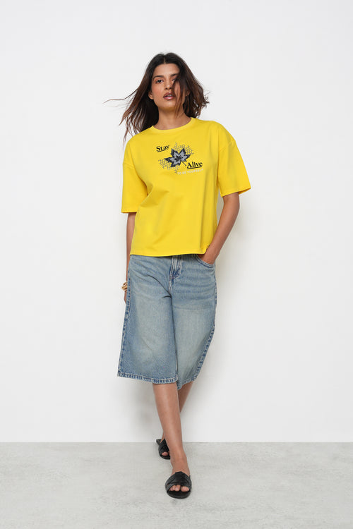 BONNATY FLORAL PRINT COTTON LEMON T-SHIRT