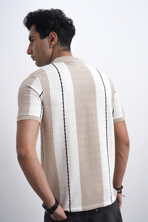 Men Textured Knit Vertical Stripe Zip Polo – Beige & Cream