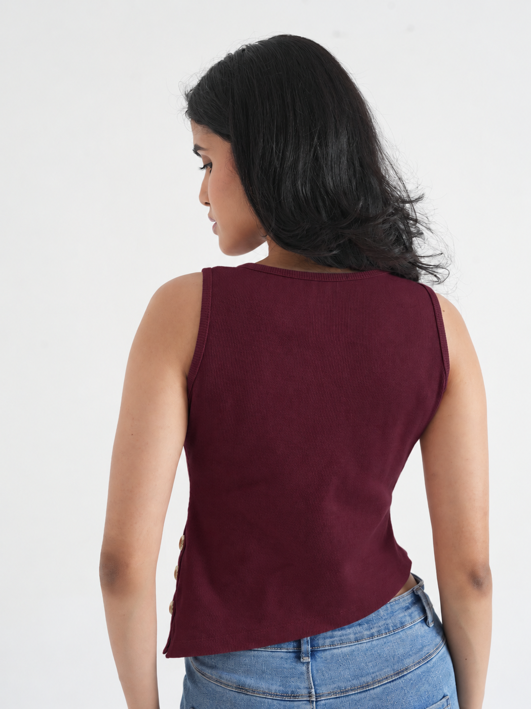 Chilly Ribbed Asymmetric Top with Gold Buttons-5