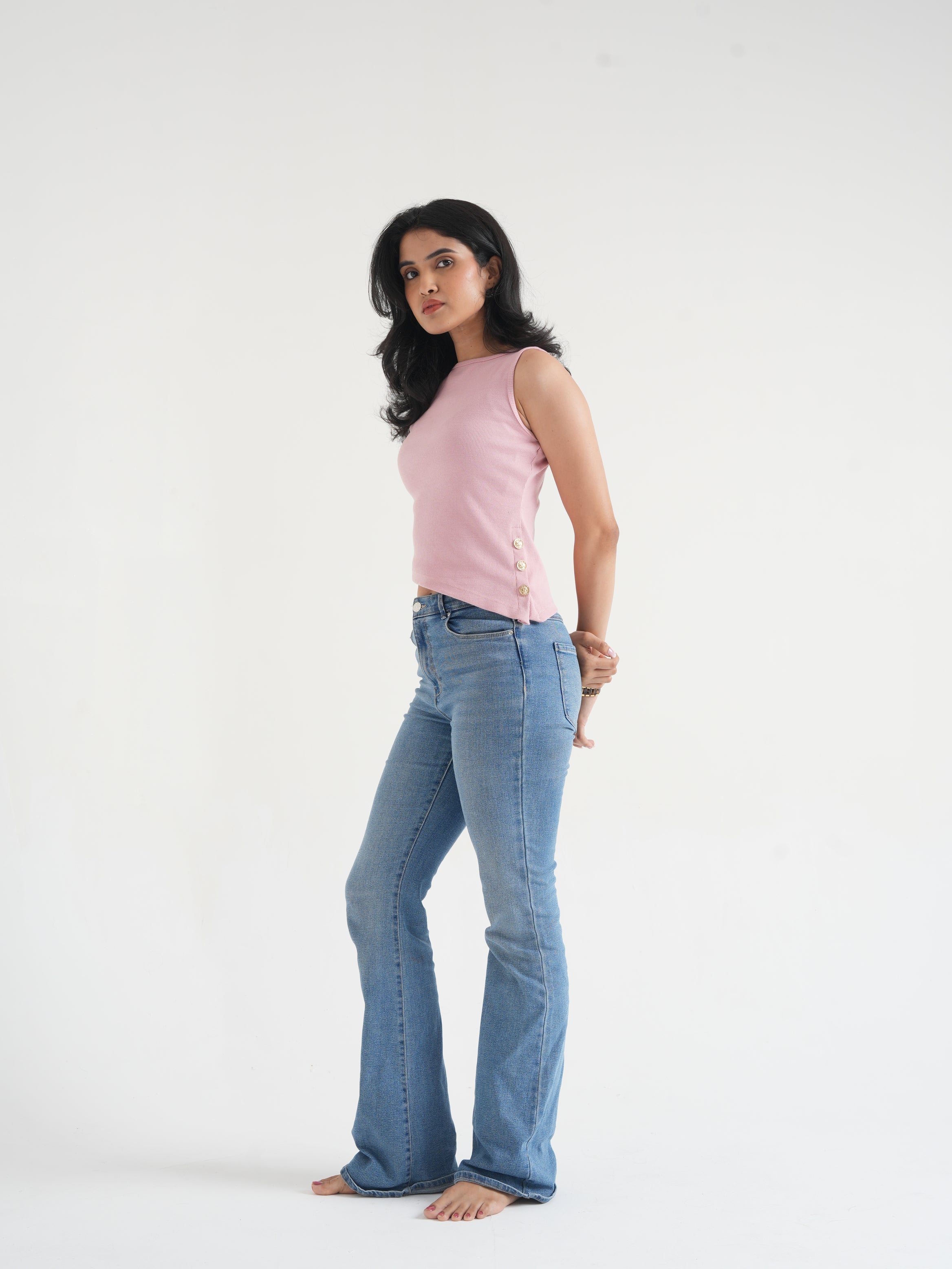 Dusty Pink Ribbed Asymmetric Top with Gold Buttons-5